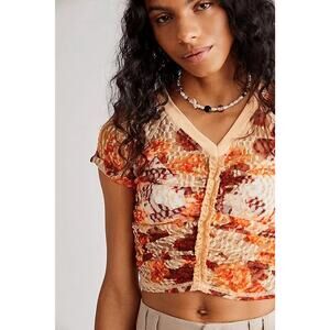 Free People NWOT Women's Solana Top Lace Cropped Ruched Sheer Colorful Boho L